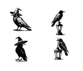 Obraz premium Black and white raven illustrations featuring witch hats, perched on lanterns and street lamps.