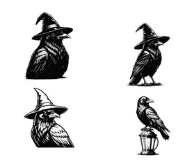 Obraz premium Black and white illustrations of ravens and crows, some wearing witch hats, with one perched on a vintage lantern, in a Halloween-themed woodcut style.