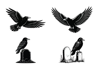 Obraz premium Raven Birds Flying and Perched on Gravestones Vector Set. Black Crow Silhouette Illustrations for Halloween, Gothic, and Cemetery Themes.