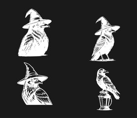 Obraz premium Mystical Ravens in Witch Hats and a Crow on a Lantern, Vintage Halloween Illustrations Set