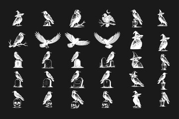 Obraz premium Gothic Raven and Crow Vector Illustrations Set with Skulls, Gravestones, and Witch Hats for Halloween Designs