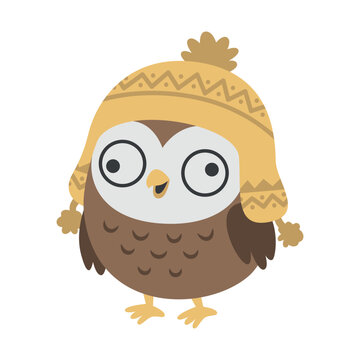 A little owl wearing a yellow winter hat. Isolated vector illustration. A character for prints, greeting cards, or mascot design.