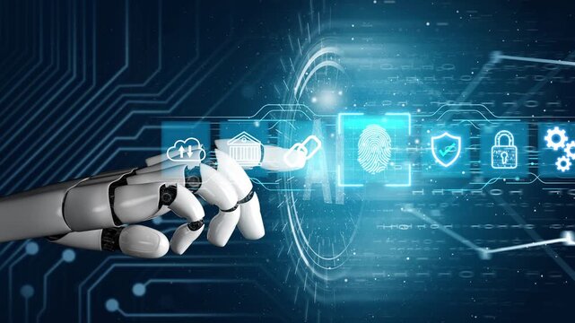 Futuristic Robot Hand Touching Digital Interface with Security Symbols and Connections in Technology Concept for Innovation and Automation. Entropy.