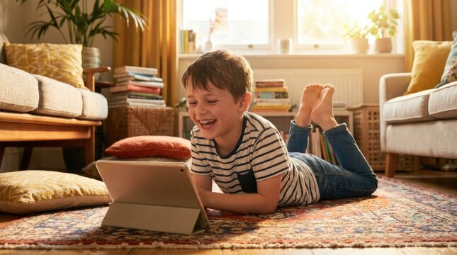 Boy lying on cozy carpet floor, watching digital tablet screen, enjoying funny online video stream, modern childhood entertainment, domestic leisure lifestyle.