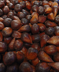 Pile of fresh salak, or snake fruit, featuring brown scaly skins. Close-up of exotic tropical produce, ideal for organic food and market concepts. © Regi