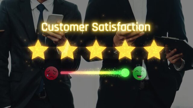 A visual representation of customer satisfaction featuring a business team using mobile devices with glowing stars and emoticons. Ideal for conveying feedback themes. Raster