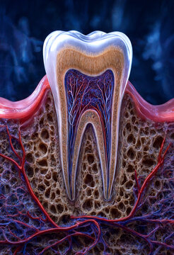Detailed cross section illustration of a human tooth inside gum