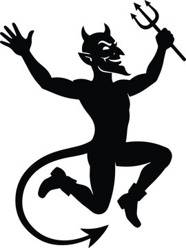 Black silhouette of mischievous horned devil jumping with pitchfork and tail vector graphic design illustration element isolated on white background