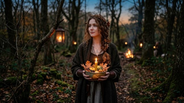 Samhain celebration ritual with young woman holding harvest offering bowl, wearing medieval pagan dress, walking through autumn forest along firelit path during dusk festival ceremony.