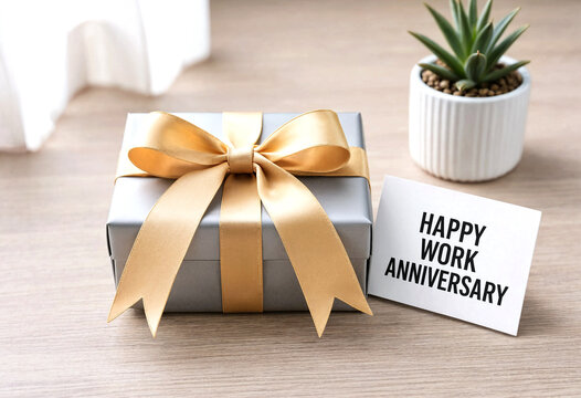 Elegant Work Anniversary Gift Box with Gold Ribbon and Card Message