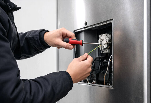 Electrician working on wiring inside an open electrical panel box