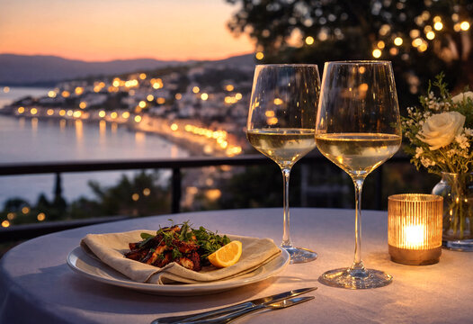 Elegant Sunset Dinner Table With Wine Glasses And Sea View