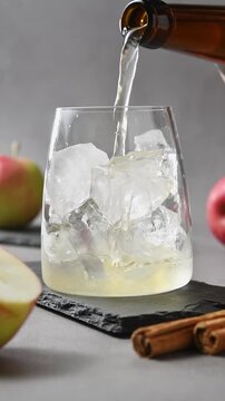 Apple cider pours over ice into glass during preparation of apple cider cold brew tonic beverage.