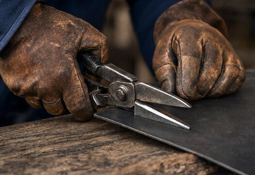 Hands Using Heavy Duty Metal Cutting Shears on Thick Material