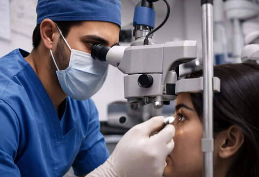 Medical professional examining patient eye with specialized ophthalmology equipment