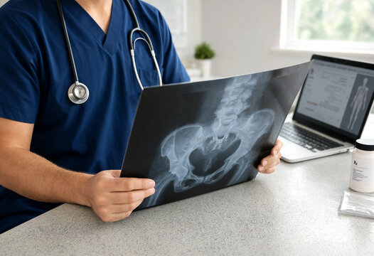 Medical professional examining Xray image of pelvic region on desk
