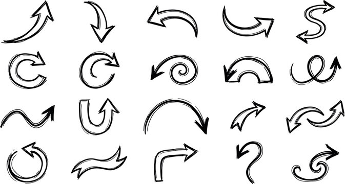 Hand Drawn Curved Arrow Vector Icon Set with Doodle Direction Pointers, Arch Arcs, Spiral Swirls, U-Turn Loops, S-Curves, and Sketch Navigation Symbols