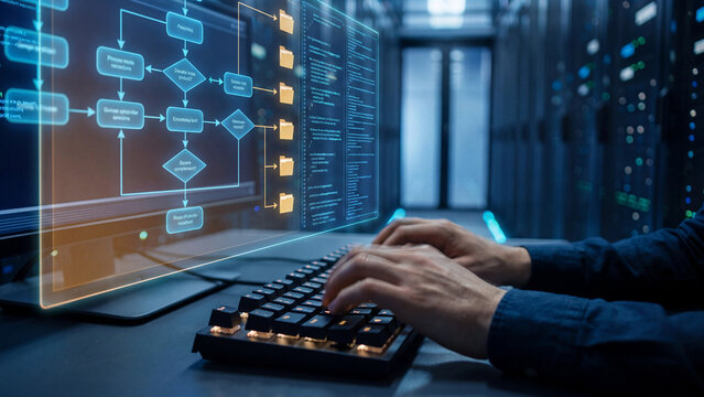 Dedicated software engineer typing on a mechanical keyboard while analyzing complex digital flowcharts and intricate lines of glowing blue code