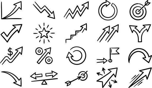 Hand Drawn Business Growth and Finance Arrow Vector Icon Set with Doodle Market Trends, Target Bulls-Eye, Success Staircase, Dollar Signs, and Milestone Goals