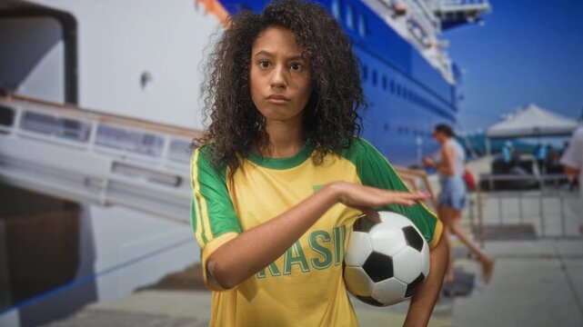 Teenage woman with curly hair wearing brazil football t shirt holds a soccer ball and points finger on street by a cruise ship pier; determination.