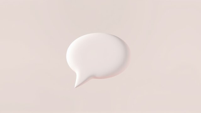 Pale pink speech bubble floats against dark background. Minimalist design, soft lighting creates subtle shadow effect. Simple, clean aesthetic.
