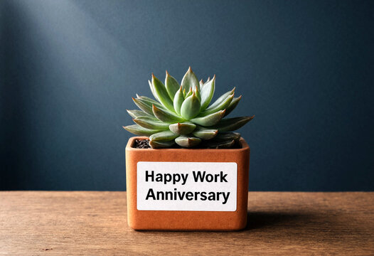 Small succulent plant in pot with work anniversary greeting message