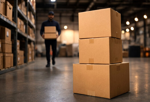 Warehouse Worker Carrying Boxes Amid Stacked Cardboard Boxes Inside Facility