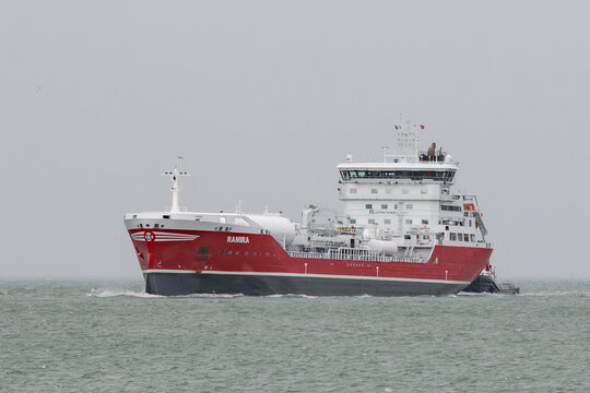 Le Havre, France - August 29th 2026 : View on the chemical tanker RAMIRA arriving in the port of Le Havre. The RAMIRA measures 149.9 meters in length and has a deadweight tonnage of 17,999 tonnes.