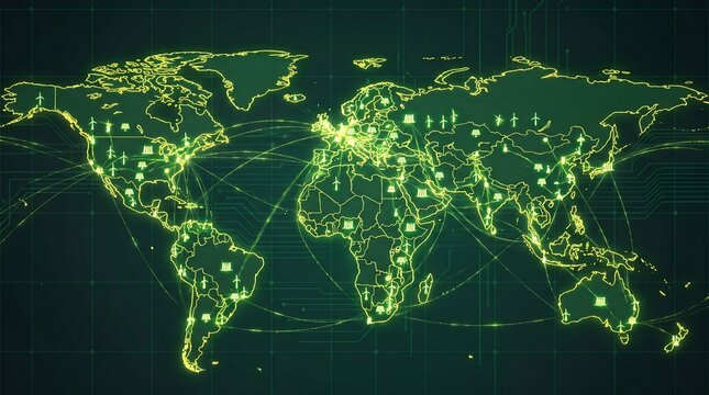 Global network connection world map with green glowing flight routes communication lines and city pinpoints on cyber grid background