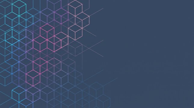 Minimalist blue background with thin wireframe cube mesh and soft glowing nodes geometric structure abstract pattern digital background minimalist tech data connection