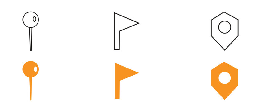 Location pin map flag and hexagon navigation pointer icons in black outline and flat orange solid styles for cartography