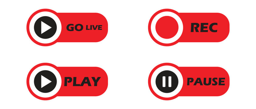 Red livestreaming control buttons set with play pause record and go live status options for video content broadcasting