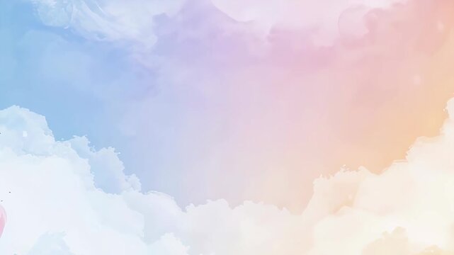Abstract clouds moving across a colorful gradient sky. Dreamy sunset background with pastel tones. Digital art illustration of ethereal vapor and heaven scenery.
