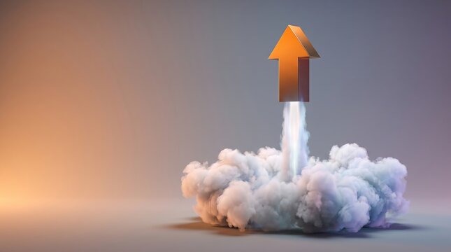 Golden arrow launching upward from a cloud of smoke symbolizing business growth and success with business leadership progress achievement development strategic ambition
