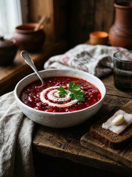 Traditional Ukrainian borscht beetroot soup served in a rustic bowl with sour cream and rye bread.