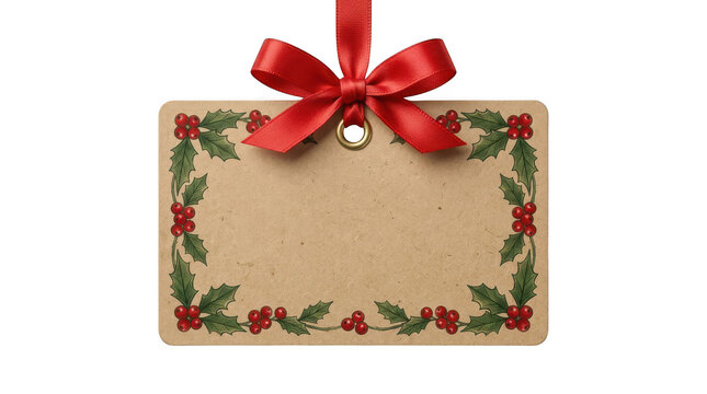 Brown paper gift tag with red ribbon and holly border isolated on transparent background