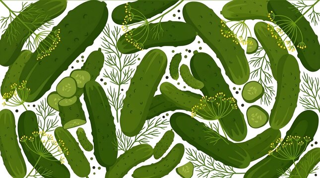 Fresh cucumbers and dill sprigs illustration pattern on white