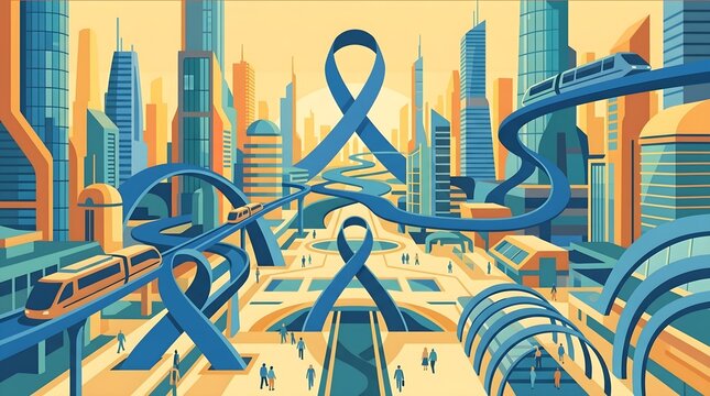 Futuristic Cityscape with Blue Awareness Ribbons and Monorails