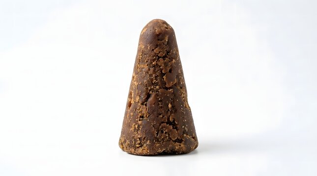 A single cone-shaped piloncillo unrefined brown sugar isolated on a white background.