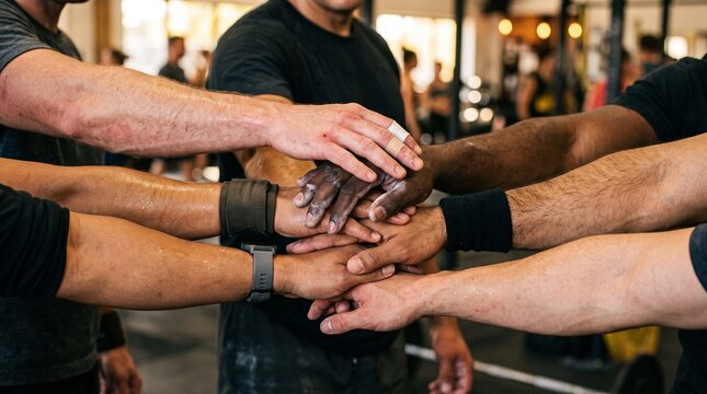 Diverse athletic team stacking hands together in gym workout.