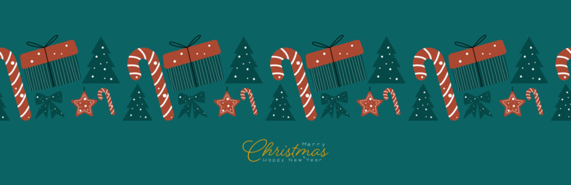 Christmas beautiful seamless pattern border. Merry Christmas and Happy New Year banner.