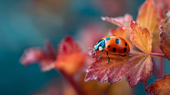 Vibrant ladybug resting on an autumn leaf surrounded by warm red, orange, and golden fall colors in a peaceful natural outdoor setting