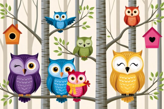 Colorful owl family sitting on birch tree branches