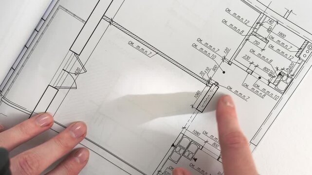Detailing wall partitions on an architectural plan blueprint during interior planning. Professional woman designer reviews space layout configurations on a technical paper printout.