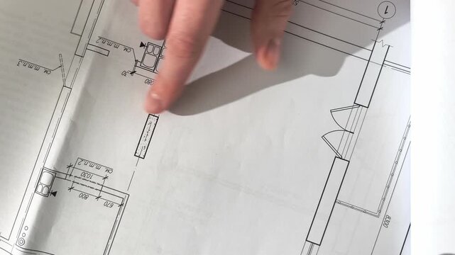 Reviewing architectural plan documents with female hands pointing at room boundaries. Designer explains blueprint layout and interior walls placement during a creative meeting. Close up view