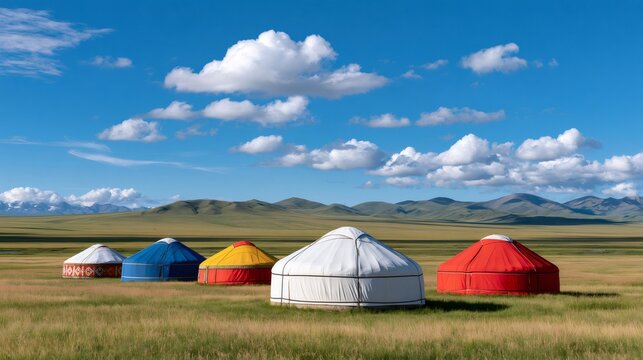 Yurts dotting the vast grassland steppe in Mongolia