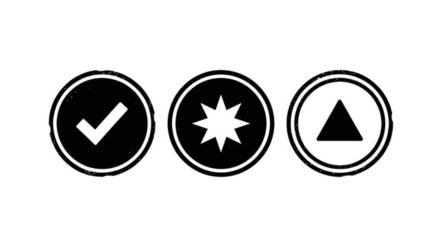 Black and white circular icons set with checkmark star and triangle symbols