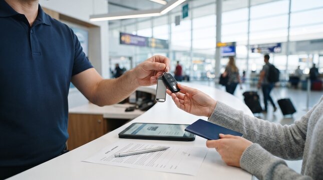 Customer receiving car rental keys at airport terminal service counter with airport desk car hire handing over travel agency key transfer vehicle rental client service vacation travel
