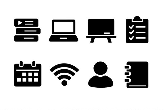 Hybrid Course Icons. Hybrid course structure. Filled icon set of Hybrid course structure: course modules,
