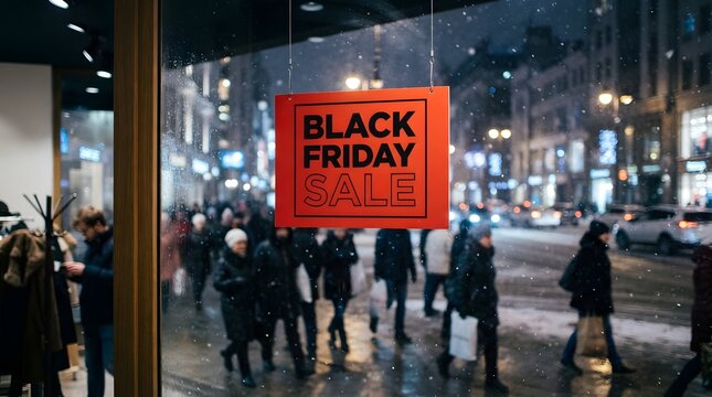 Black friday sale sign hanging in a storefront window with blurred shoppers walking on a snowy city street at night